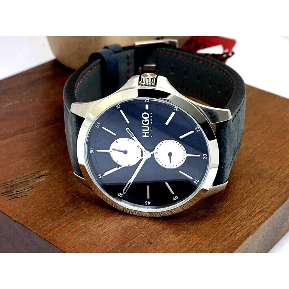 Hugo Boss Men's Watch 1530121 Quartz Blue Dial Silver Case Leather Band 41mm